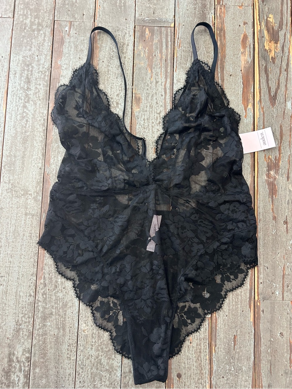 Auden Black Lace Teddy Bodysuit Cheeky One Piece Lingerie Size L NWT *not thong